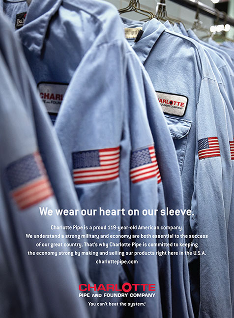 Charlotte Pipe and Foundry Company, We wear our heart on our sleeve. Charlotte Pipe is a proud 119-year-old American company. We understand a strong military and economy are both essential to the success of our great country. That’s why Charlotte Pipe is committed to keeping the economy strong by making and selling our products right here in the U.S.A.