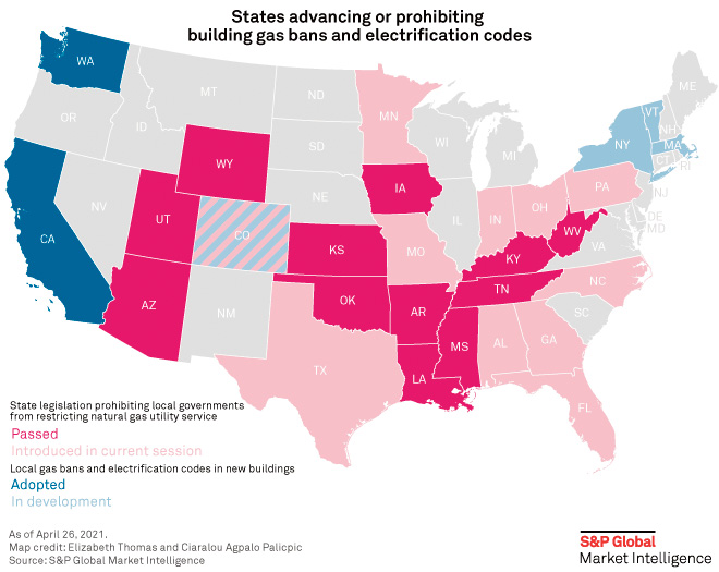 States advancing or prohibiting building gas bans and electrification codes